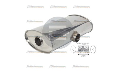 Universal Muffler 2.5" Side In/Dual 2.25" Out - 10" x 5" x 16" OVAL - Megaflow
